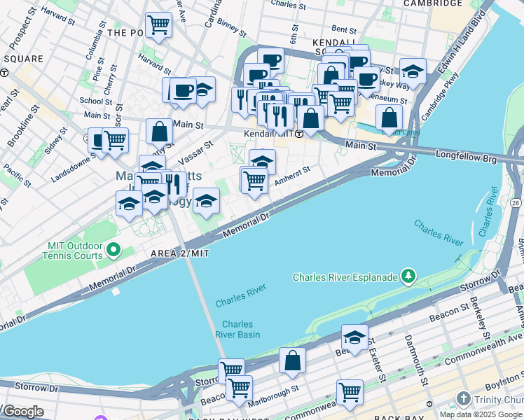 map of restaurants, bars, coffee shops, grocery stores, and more near Massachusetts 3 in Cambridge