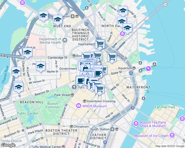 map of restaurants, bars, coffee shops, grocery stores, and more near 26 Court Street in Boston
