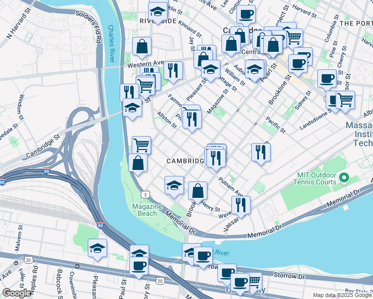 map of restaurants, bars, coffee shops, grocery stores, and more near 1 Newton Street in Cambridge
