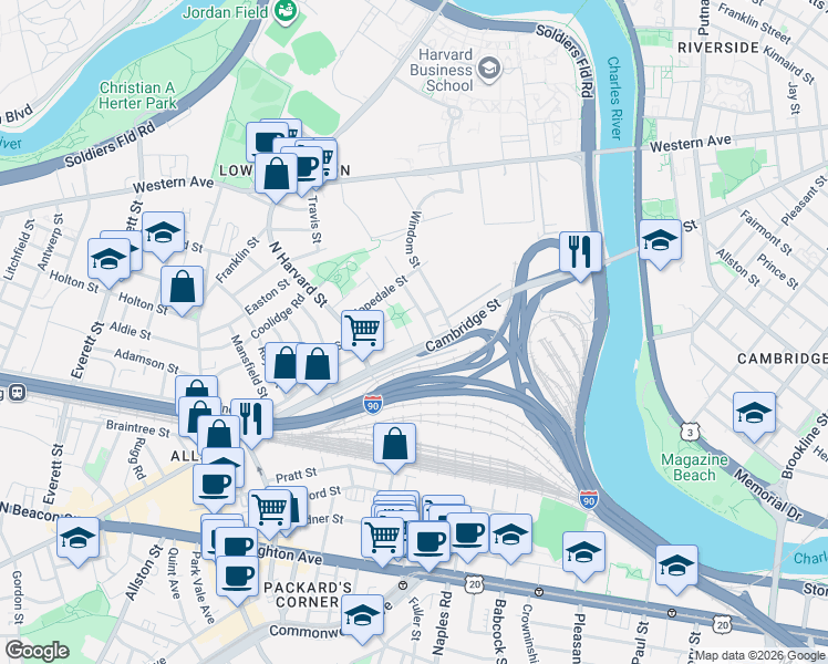 map of restaurants, bars, coffee shops, grocery stores, and more near 197 Cambridge Street in Boston
