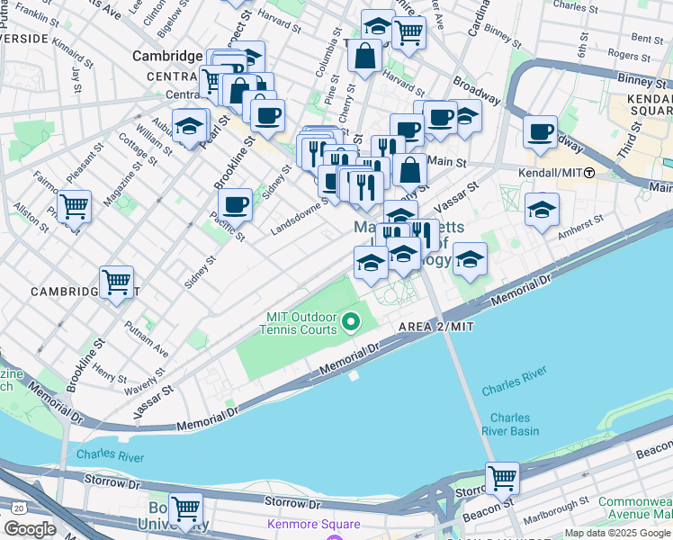 map of restaurants, bars, coffee shops, grocery stores, and more near 189 Vassar Street in Cambridge