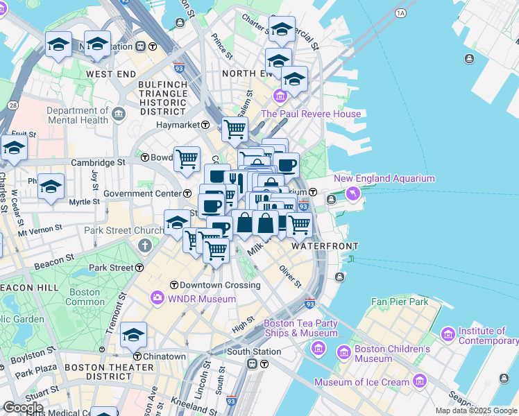 map of restaurants, bars, coffee shops, grocery stores, and more near 75 State Street in Boston