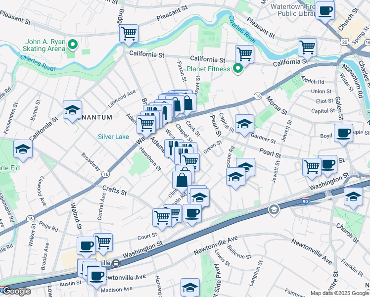 map of restaurants, bars, coffee shops, grocery stores, and more near 79 West Street in Newton