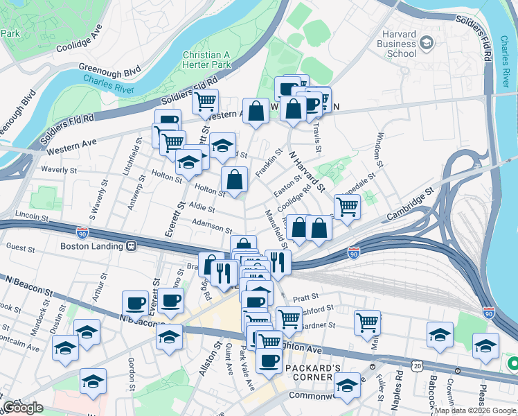 map of restaurants, bars, coffee shops, grocery stores, and more near 38 Mansfield Street in Boston