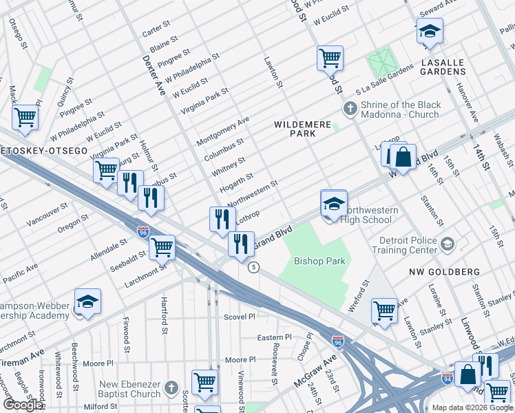 map of restaurants, bars, coffee shops, grocery stores, and more near 3293 Lothrop Street in Detroit