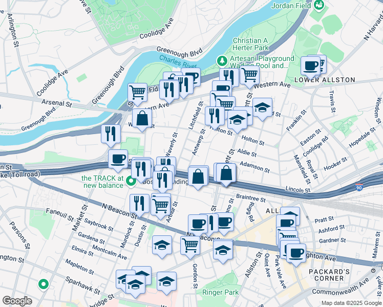 map of restaurants, bars, coffee shops, grocery stores, and more near 7 Antwerp Street in Boston