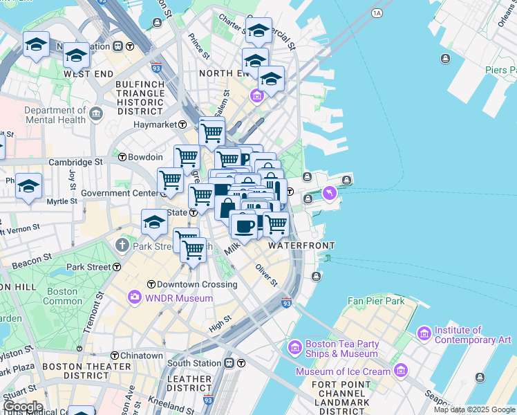map of restaurants, bars, coffee shops, grocery stores, and more near 40 Broad Street in Boston