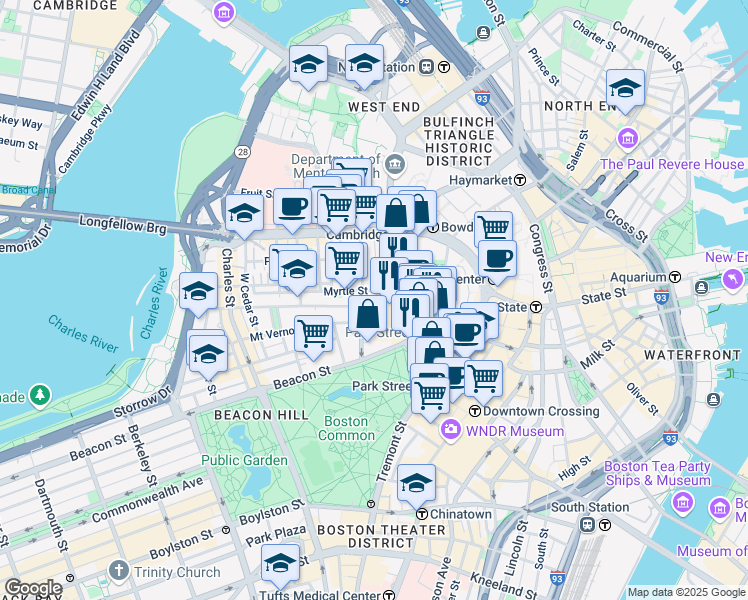 map of restaurants, bars, coffee shops, grocery stores, and more near 63 Hancock Street in Boston