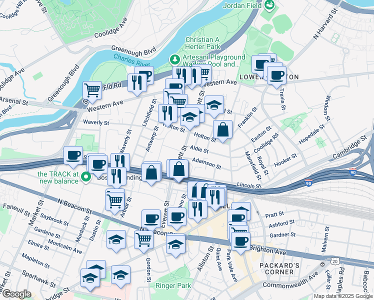 map of restaurants, bars, coffee shops, grocery stores, and more near 163 Everett Street in Boston