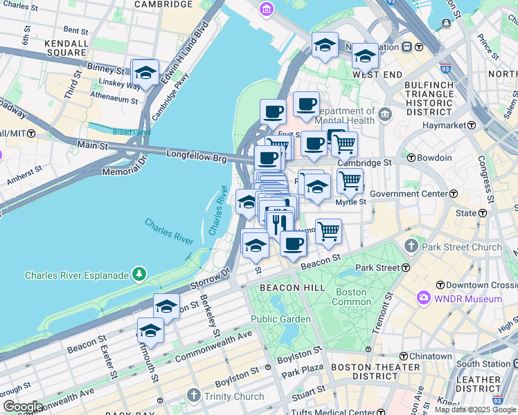 map of restaurants, bars, coffee shops, grocery stores, and more near 94 Pinckney Street in Boston