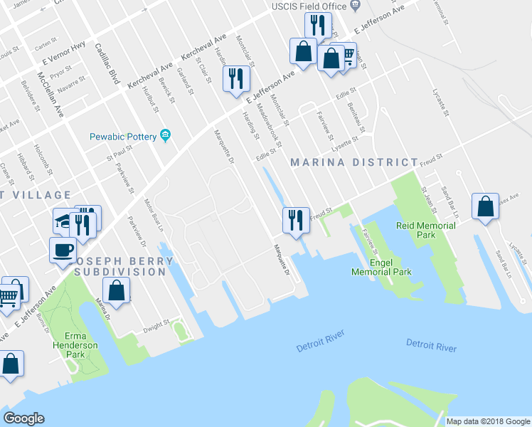 map of restaurants, bars, coffee shops, grocery stores, and more near 508 Marquette Drive in Detroit