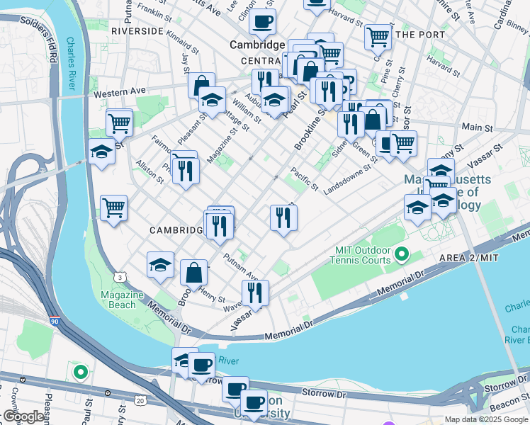map of restaurants, bars, coffee shops, grocery stores, and more near 99 Erie Street in Cambridge