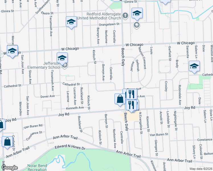 map of restaurants, bars, coffee shops, grocery stores, and more near 25949 Dover in Redford Charter Township
