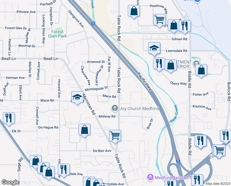 map of restaurants, bars, coffee shops, grocery stores, and more near 2873 Table Rock Road in Medford