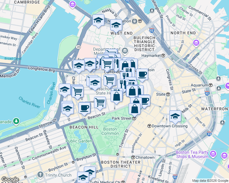 map of restaurants, bars, coffee shops, grocery stores, and more near 49 Mount Vernon Street in Boston