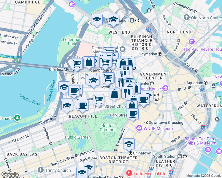 map of restaurants, bars, coffee shops, grocery stores, and more near 49 Mount Vernon Street in Boston