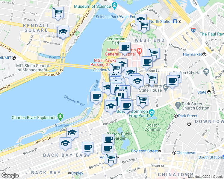 map of restaurants, bars, coffee shops, grocery stores, and more near 94 Pinckney Street in Boston