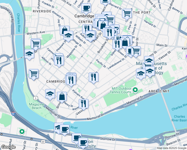 map of restaurants, bars, coffee shops, grocery stores, and more near 170 Sidney Street in Cambridge