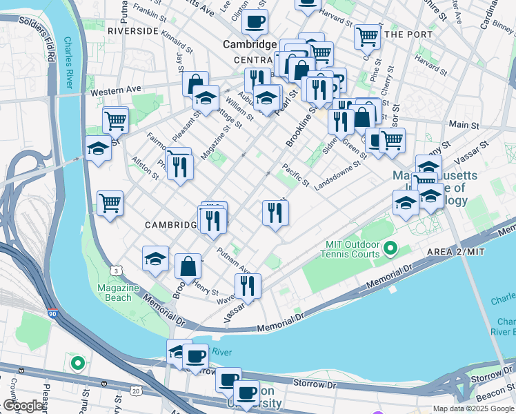 map of restaurants, bars, coffee shops, grocery stores, and more near 170 Sidney Street in Cambridge
