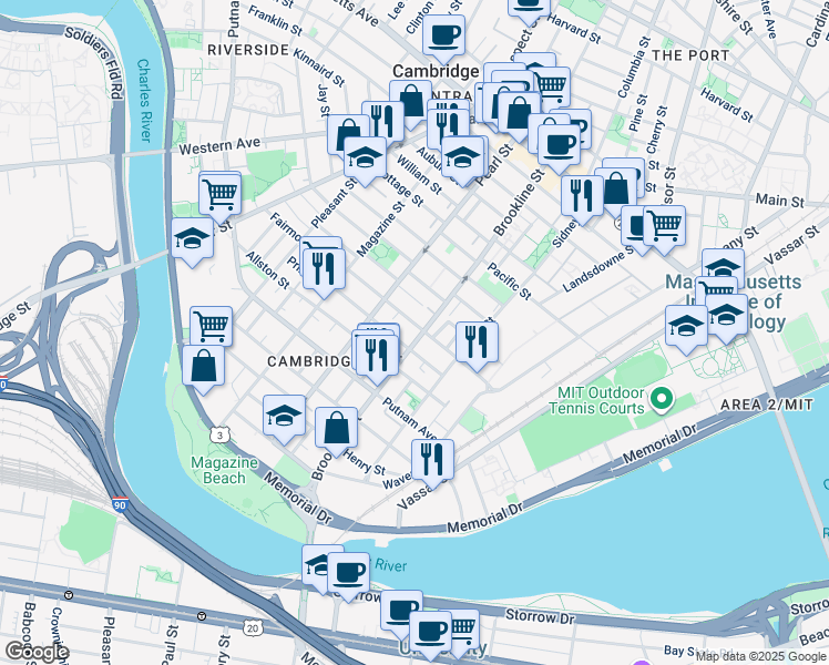 map of restaurants, bars, coffee shops, grocery stores, and more near 93 Hamilton Street in Cambridge