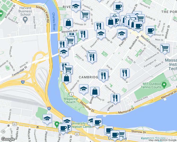 map of restaurants, bars, coffee shops, grocery stores, and more near 1 Newton Street in Cambridge