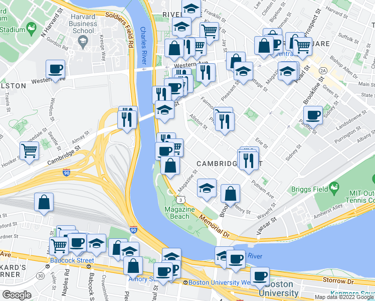 map of restaurants, bars, coffee shops, grocery stores, and more near 17 Florence Street in Cambridge