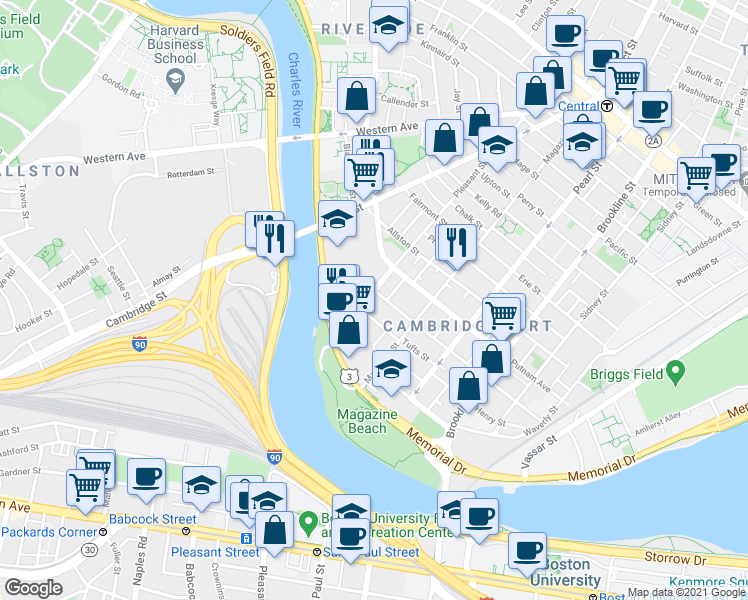 map of restaurants, bars, coffee shops, grocery stores, and more near 17 Florence Street in Cambridge