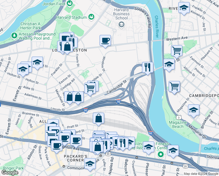 map of restaurants, bars, coffee shops, grocery stores, and more near in Boston