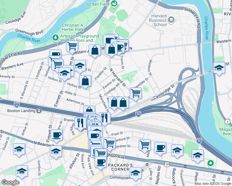 map of restaurants, bars, coffee shops, grocery stores, and more near 10 Holman Street in Boston