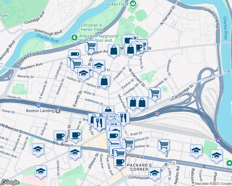 map of restaurants, bars, coffee shops, grocery stores, and more near 38 Mansfield Street in Boston