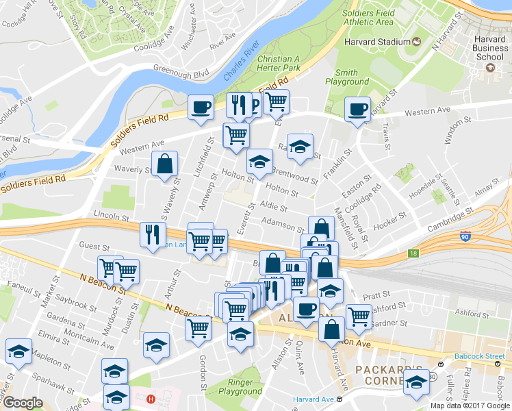 map of restaurants, bars, coffee shops, grocery stores, and more near 163 Everett Street in Boston