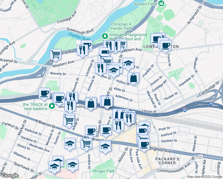 map of restaurants, bars, coffee shops, grocery stores, and more near 163 Everett Street in Boston