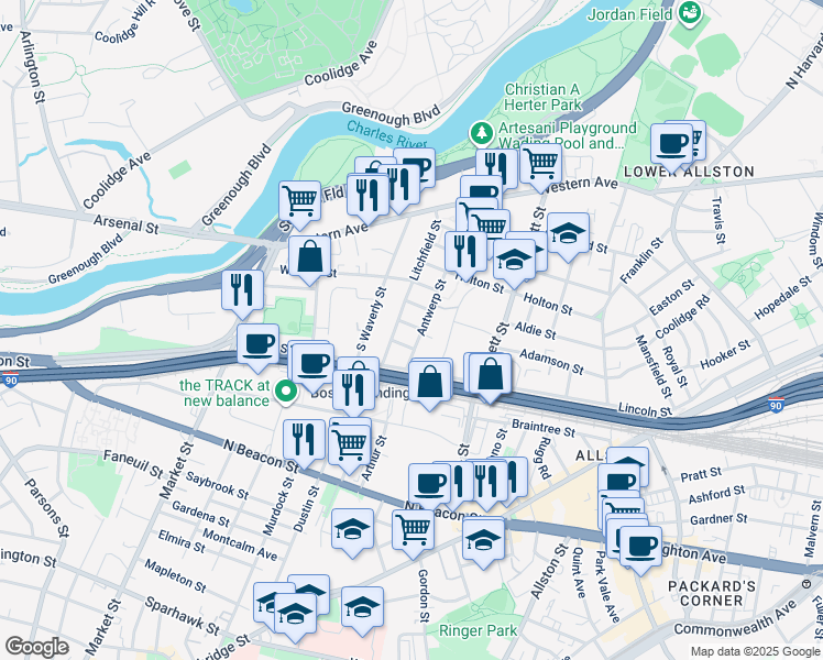 map of restaurants, bars, coffee shops, grocery stores, and more near 7 Antwerp Street in Boston