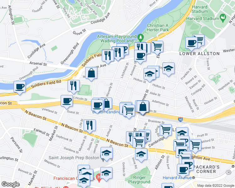 map of restaurants, bars, coffee shops, grocery stores, and more near 7 Antwerp Street in Boston