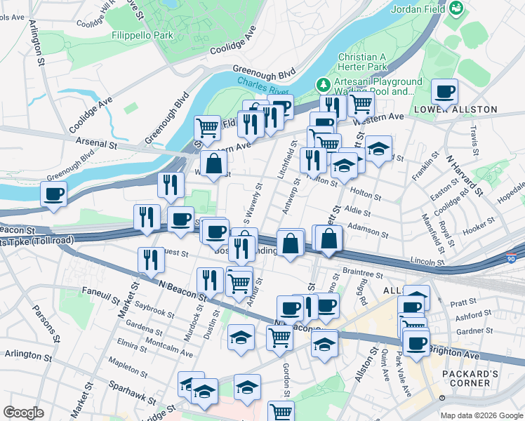 map of restaurants, bars, coffee shops, grocery stores, and more near 6 Litchfield Street in Boston