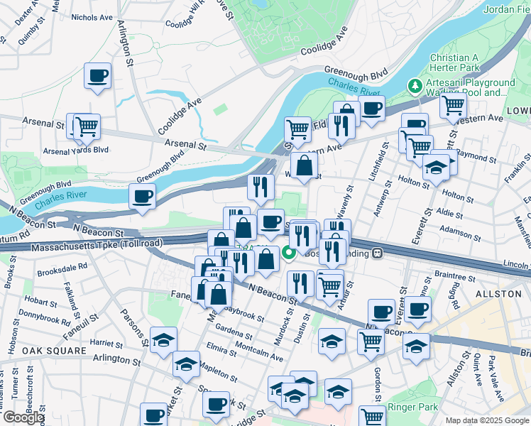 map of restaurants, bars, coffee shops, grocery stores, and more near 100 Leo M Birmingham Parkway in Boston