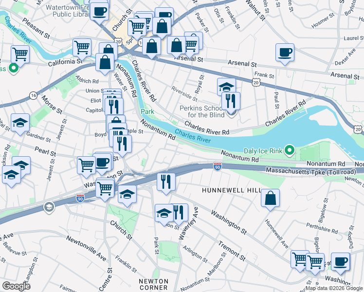 map of restaurants, bars, coffee shops, grocery stores, and more near 76 Charlesbank Road in Newton