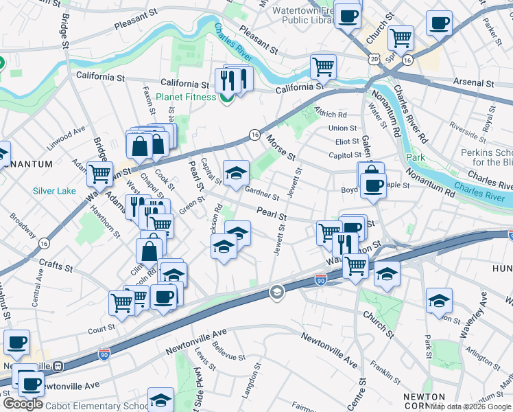 map of restaurants, bars, coffee shops, grocery stores, and more near 93 Waban Park in Newton