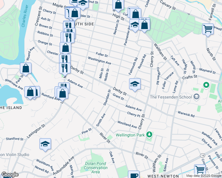 map of restaurants, bars, coffee shops, grocery stores, and more near 45 Grant Street in Newton