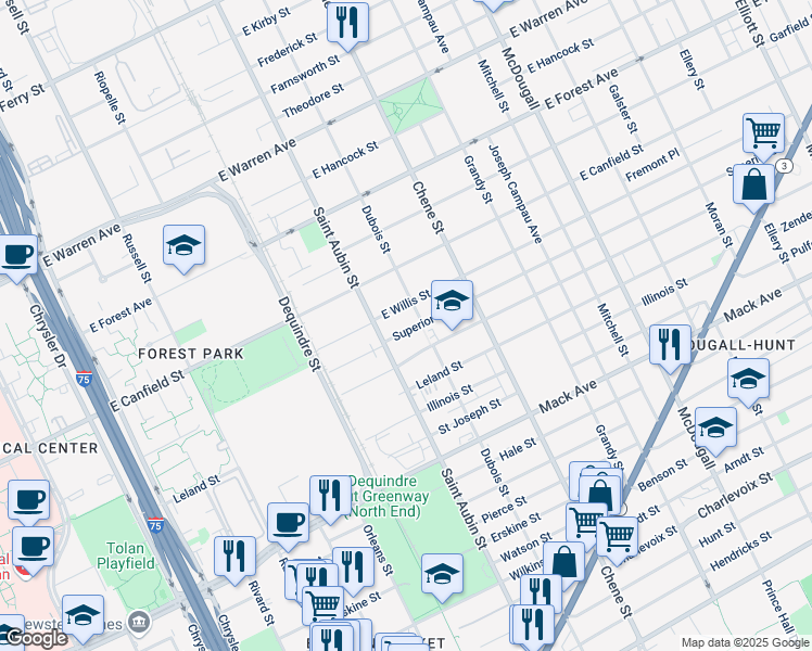 map of restaurants, bars, coffee shops, grocery stores, and more near 4156 Saint Aubin Street in Detroit