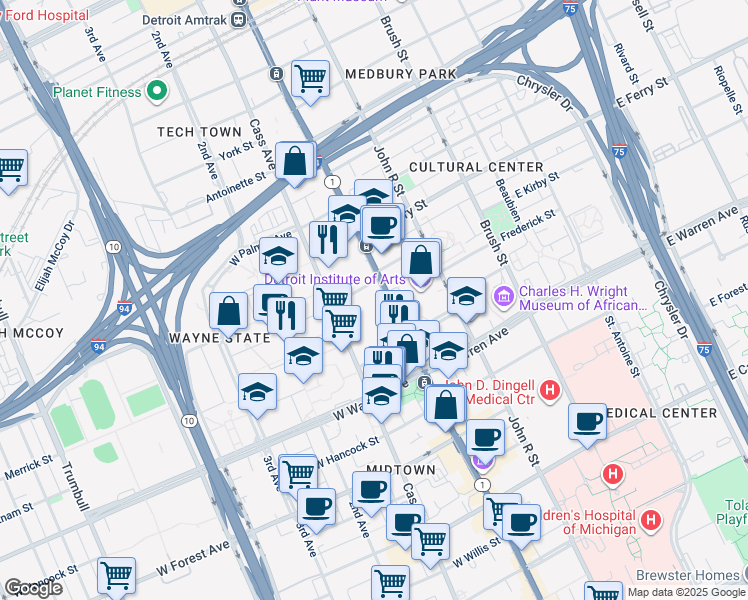 map of restaurants, bars, coffee shops, grocery stores, and more near 5201 Woodward Avenue in Detroit