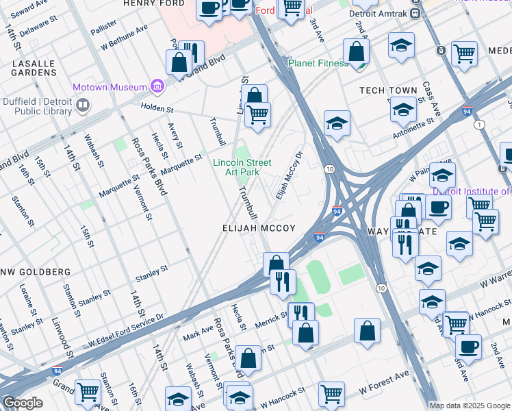 map of restaurants, bars, coffee shops, grocery stores, and more near 5718 Trumbull in Detroit