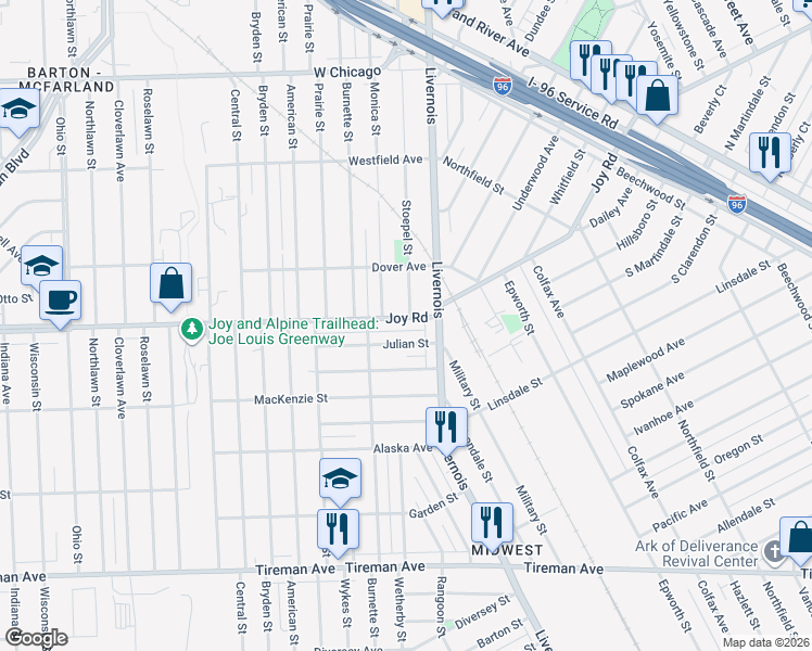 map of restaurants, bars, coffee shops, grocery stores, and more near 6329 Julian Street in Detroit