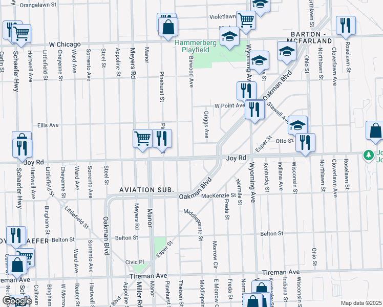 map of restaurants, bars, coffee shops, grocery stores, and more near 10337 Joy Road in Detroit