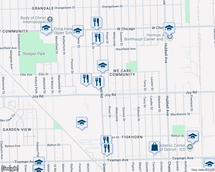 map of restaurants, bars, coffee shops, grocery stores, and more near 15406 Joy Road in Detroit