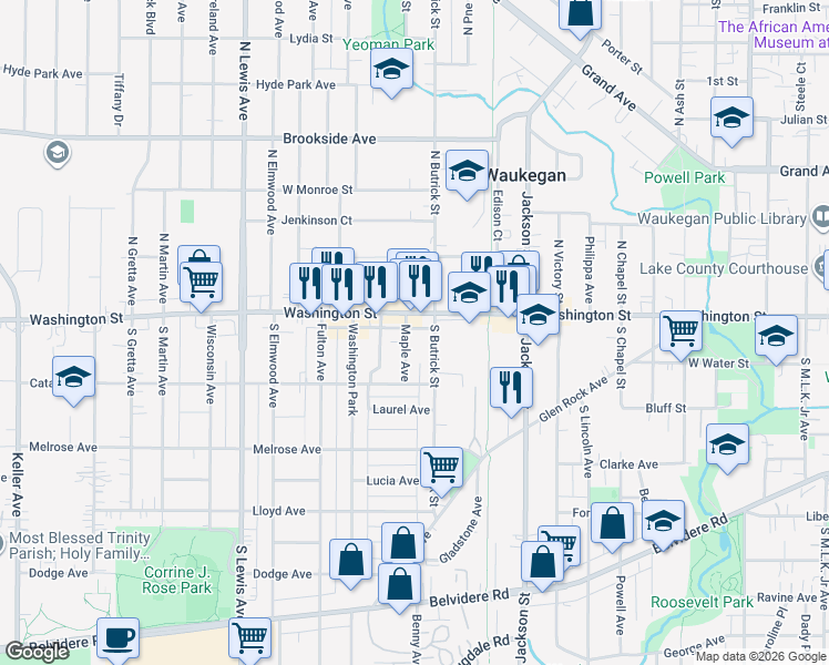 map of restaurants, bars, coffee shops, grocery stores, and more near 31 Maple Avenue in Waukegan
