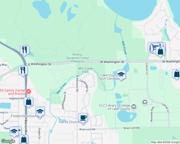 map of restaurants, bars, coffee shops, grocery stores, and more near 1004 Manchester Circle in Grayslake