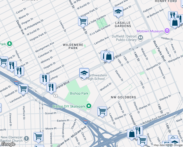 map of restaurants, bars, coffee shops, grocery stores, and more near 2240 West Grand Boulevard in Detroit