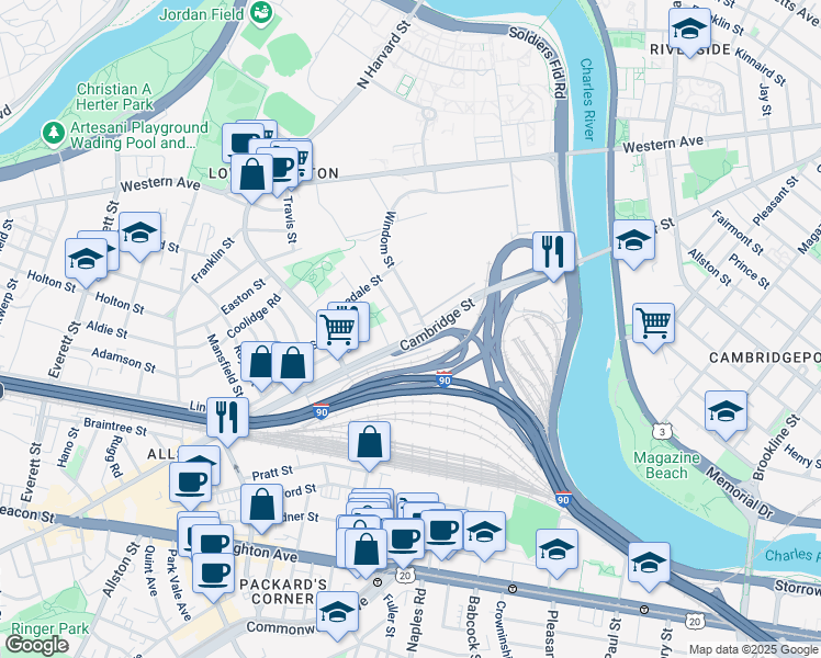 map of restaurants, bars, coffee shops, grocery stores, and more near 165 Cambridge Street in Boston