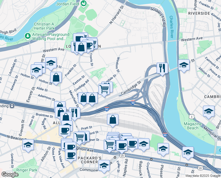 map of restaurants, bars, coffee shops, grocery stores, and more near 197 Cambridge Street in Boston